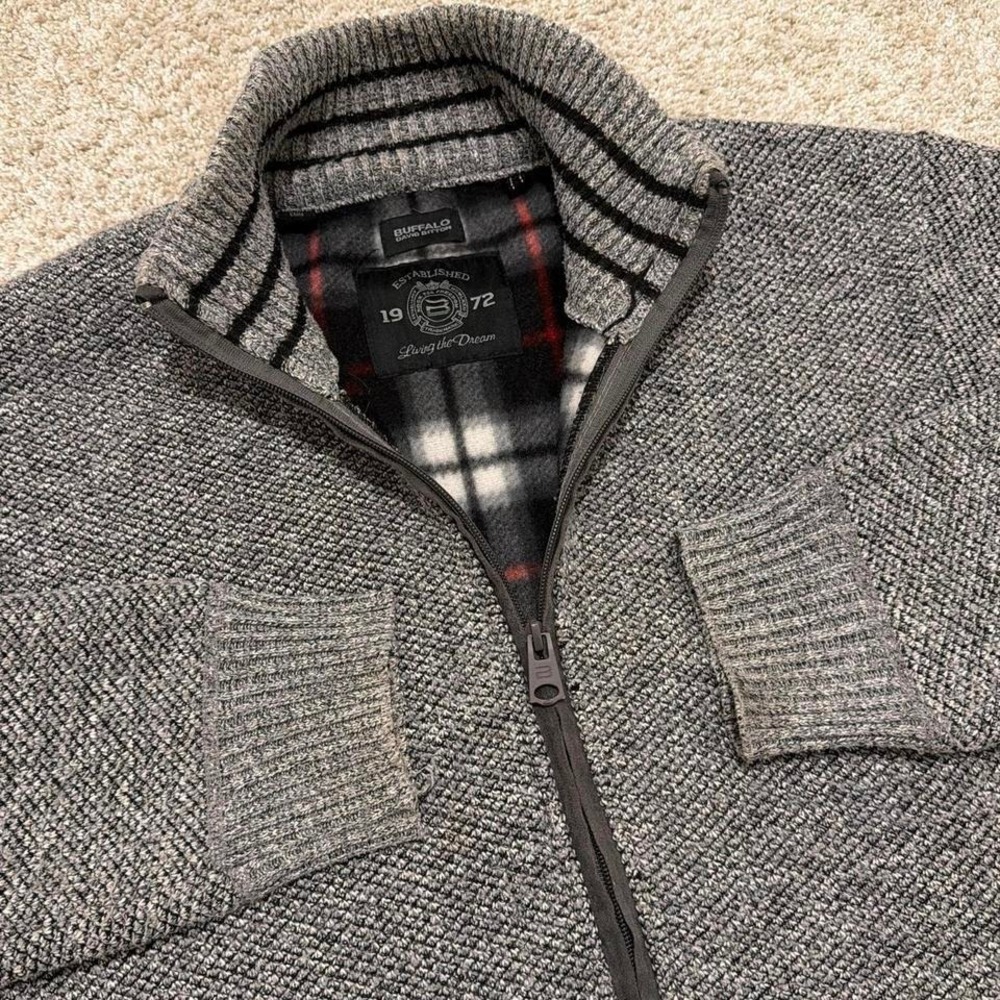 Buffalo‎ David Bitton Full-Zip Knit Jacket | Heather Gray | Plaid Lining | Large